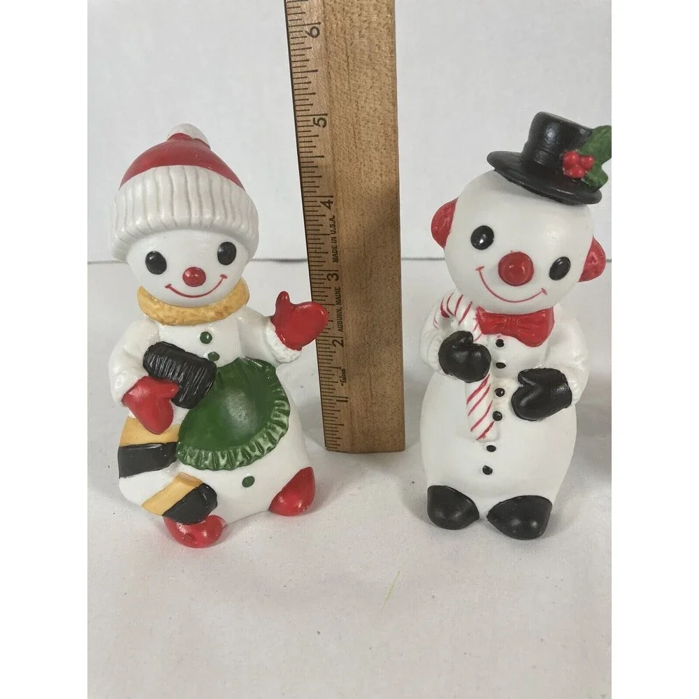 Porcelain Bisque Snowmen Set of 3 Shovel Stocking Candy Cane Vintage Taiwan Xmas